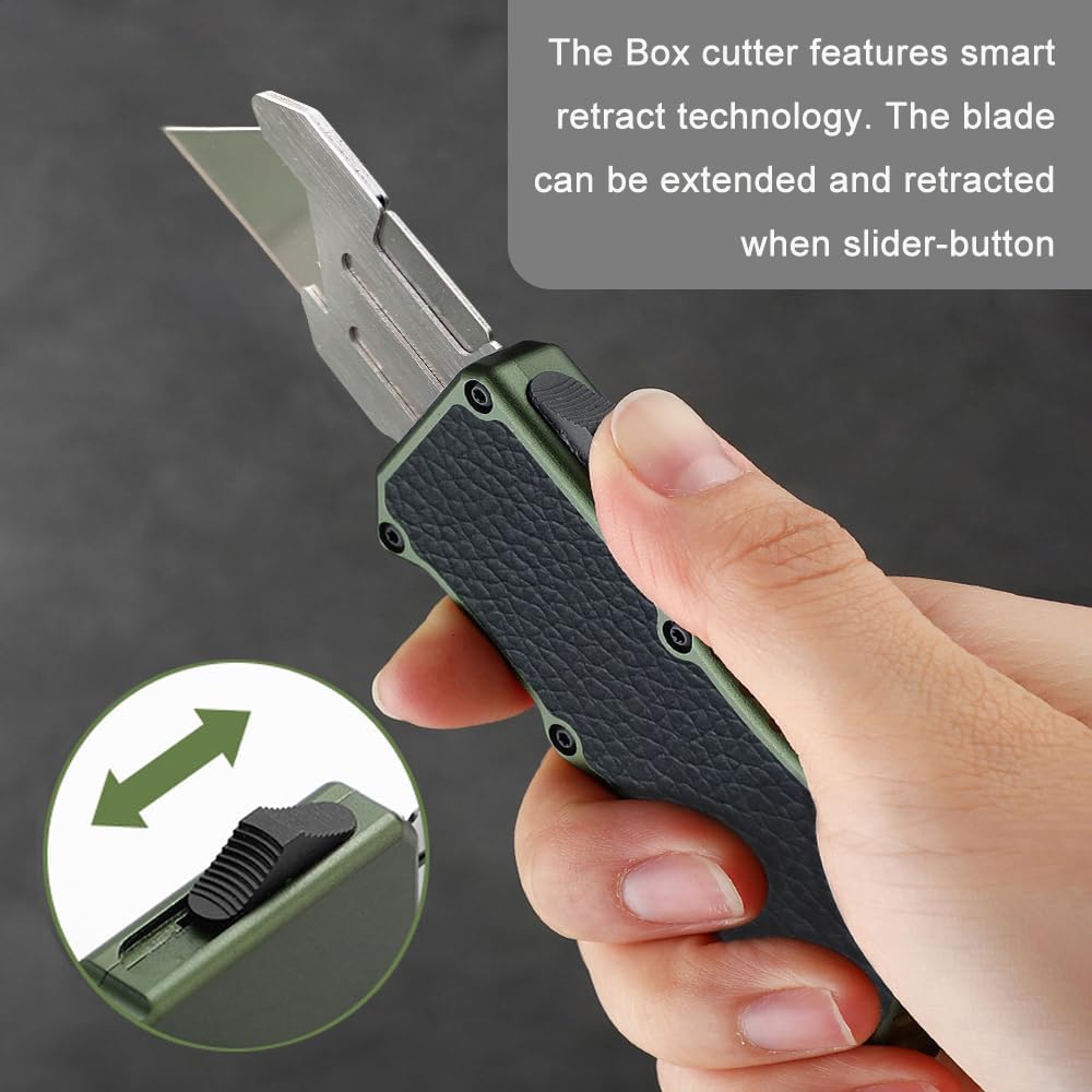 𝗖𝗮𝗿𝗲𝘀𝘀𝗼𝗹𝗼𝘃𝗲 Automatic Utility Knife, Aviation Aluminium Changeable Blade Box Cutter, Double Action Auto Retractable Razor Knife, Out The Front Automatic Pocket Knife With 5pcs Spare Blades