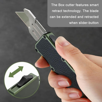𝗖𝗮𝗿𝗲𝘀𝘀𝗼𝗹𝗼𝘃𝗲 Automatic Utility Knife, Aviation Aluminium Changeable Blade Box Cutter, Double Action Auto Retractable Razor Knife, Out The Front Automatic Pocket Knife With 5pcs Spare Blades