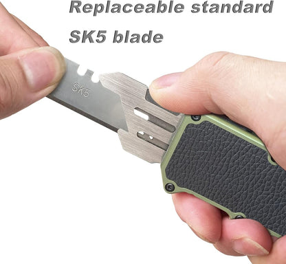 𝗖𝗮𝗿𝗲𝘀𝘀𝗼𝗹𝗼𝘃𝗲 Automatic Utility Knife, Aviation Aluminium Changeable Blade Box Cutter, Double Action Auto Retractable Razor Knife, Out The Front Automatic Pocket Knife With 5pcs Spare Blades
