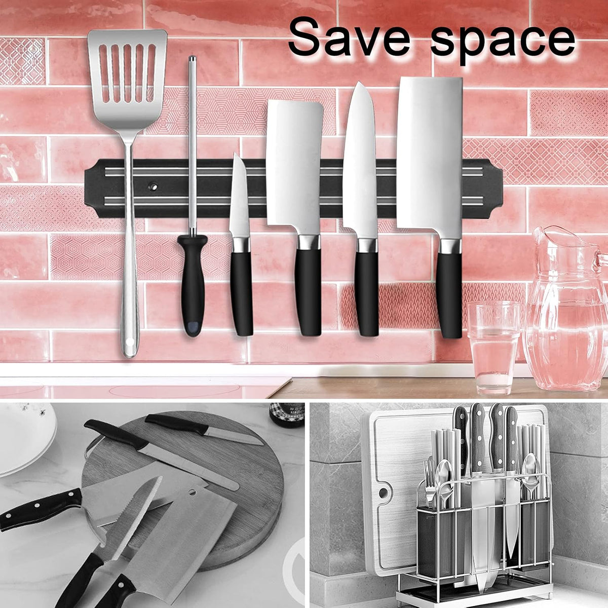 Magnetic Knife Holder (15 Inch - Set Of 2) Magnetic Knife Strips For Wall -Strong Powerful Knife Rack Storage Display Organizer-Securely Hang Knives On a Multipurpose Kitchen Bar