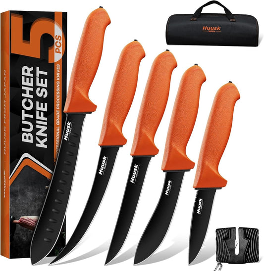 Huusk Butcher Knife Set - Meat Processing Kit with Roll Bag, Gift for Men | German Stainless Steel, High-Visibility & Non-slip, Butcher Skinning Boning Caping, Game Processing for Deer, Duck, Poultry
