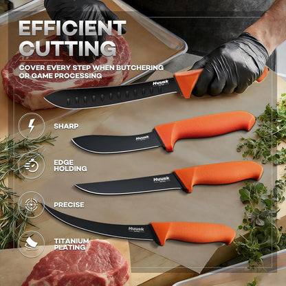 Huusk Butcher Knife Set - Meat Processing Kit with Roll Bag, Gift for Men | German Stainless Steel, High-Visibility & Non-slip, Butcher Skinning Boning Caping, Game Processing for Deer, Duck, Poultry