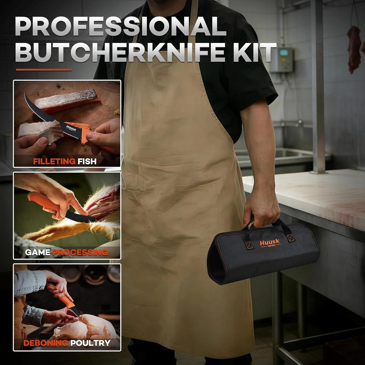 Huusk Butcher Knife Set - Meat Processing Kit with Roll Bag, Gift for Men | German Stainless Steel, High-Visibility & Non-slip, Butcher Skinning Boning Caping, Game Processing for Deer, Duck, Poultry