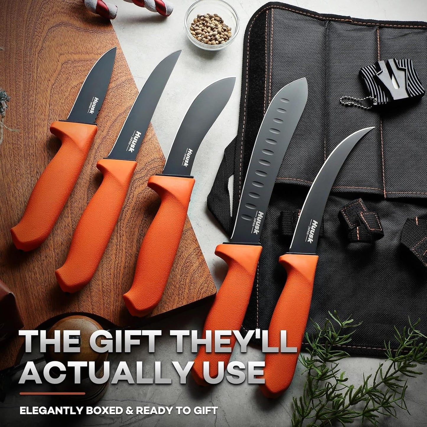 Huusk Butcher Knife Set - Meat Processing Kit with Roll Bag, Gift for Men | German Stainless Steel, High-Visibility & Non-slip, Butcher Skinning Boning Caping, Game Processing for Deer, Duck, Poultry