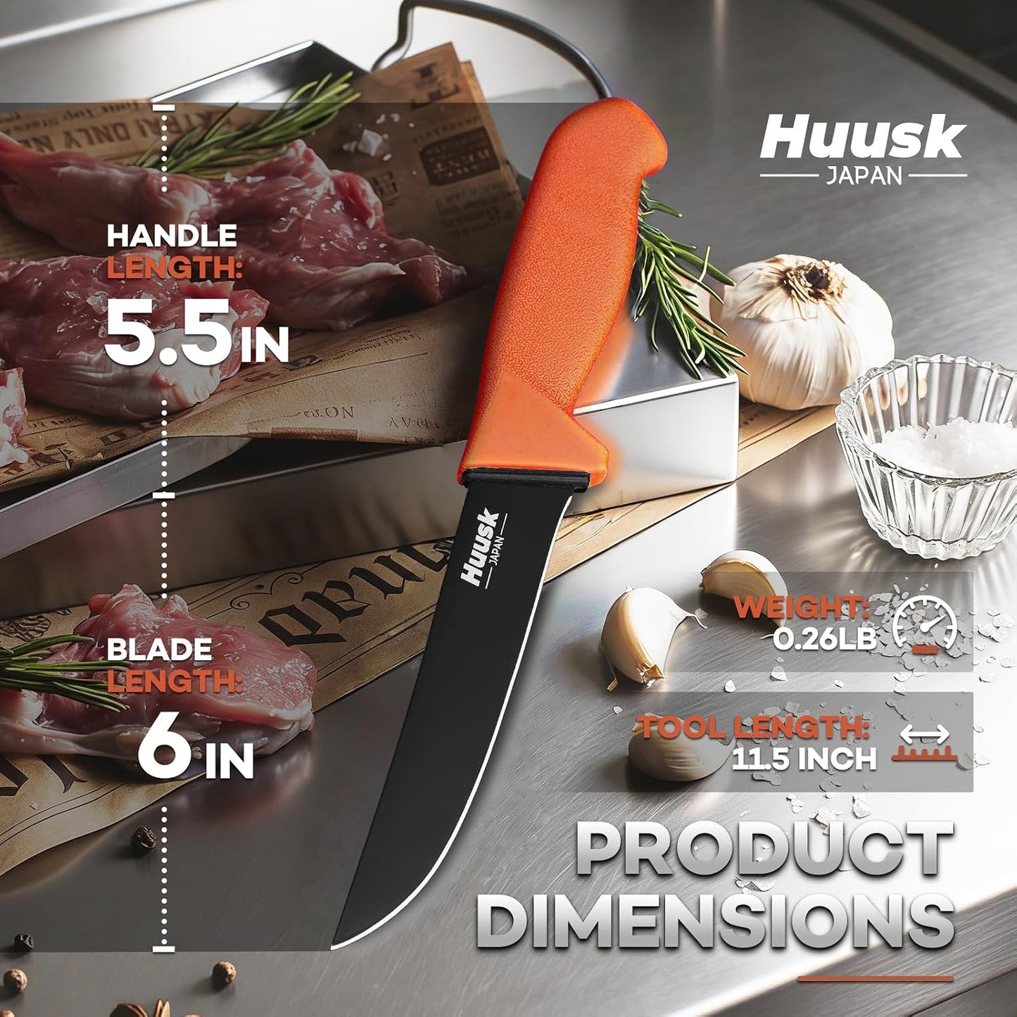 Huusk Butcher Knife Set - Meat Processing Kit with Roll Bag, Gift for Men | German Stainless Steel, High-Visibility & Non-slip, Butcher Skinning Boning Caping, Game Processing for Deer, Duck, Poultry