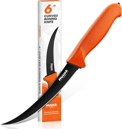 Huusk Butcher Knife Set - Meat Processing Kit with Roll Bag, Gift for Men | German Stainless Steel, High-Visibility & Non-slip, Butcher Skinning Boning Caping, Game Processing for Deer, Duck, Poultry
