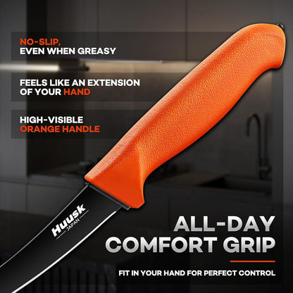 Huusk Butcher Knife Set - Meat Processing Kit with Roll Bag, Gift for Men | German Stainless Steel, High-Visibility & Non-slip, Butcher Skinning Boning Caping, Game Processing for Deer, Duck, Poultry