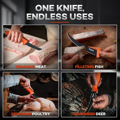 Huusk Butcher Knife Set - Meat Processing Kit with Roll Bag, Gift for Men | German Stainless Steel, High-Visibility & Non-slip, Butcher Skinning Boning Caping, Game Processing for Deer, Duck, Poultry