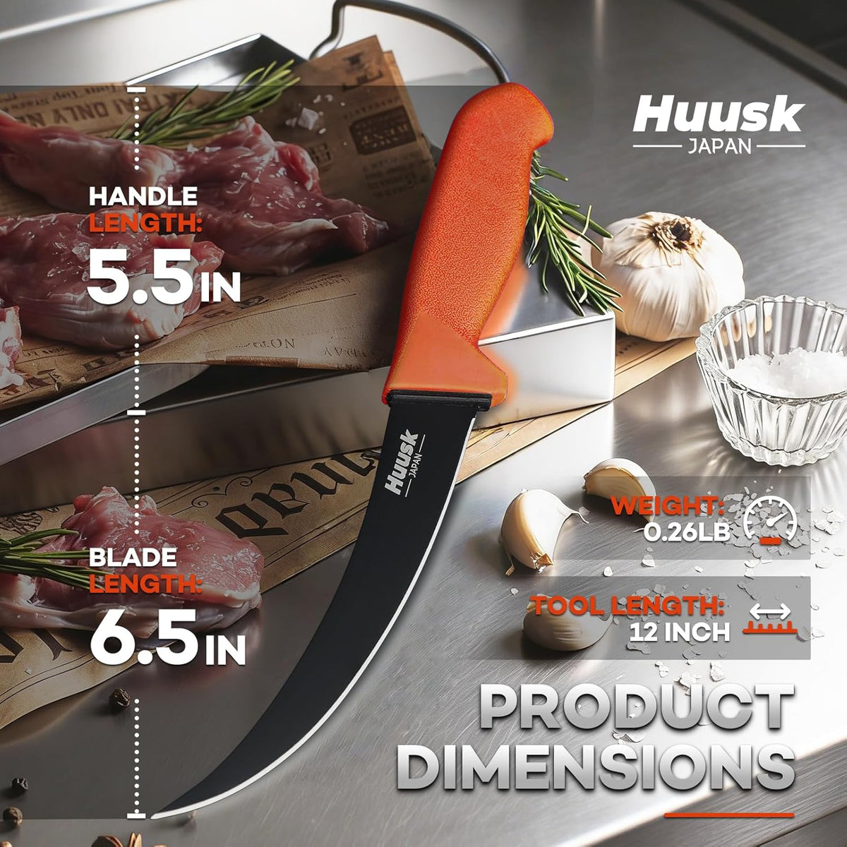 Huusk Butcher Knife Set - Meat Processing Kit with Roll Bag, Gift for Men | German Stainless Steel, High-Visibility & Non-slip, Butcher Skinning Boning Caping, Game Processing for Deer, Duck, Poultry