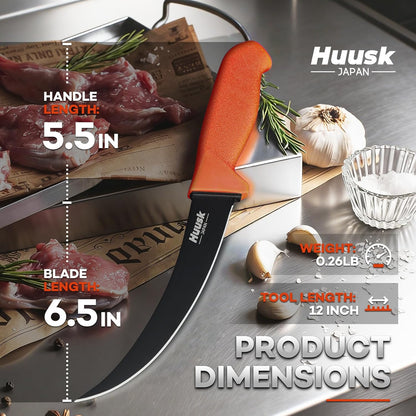 Huusk Butcher Knife Set - Meat Processing Kit with Roll Bag, Gift for Men | German Stainless Steel, High-Visibility & Non-slip, Butcher Skinning Boning Caping, Game Processing for Deer, Duck, Poultry