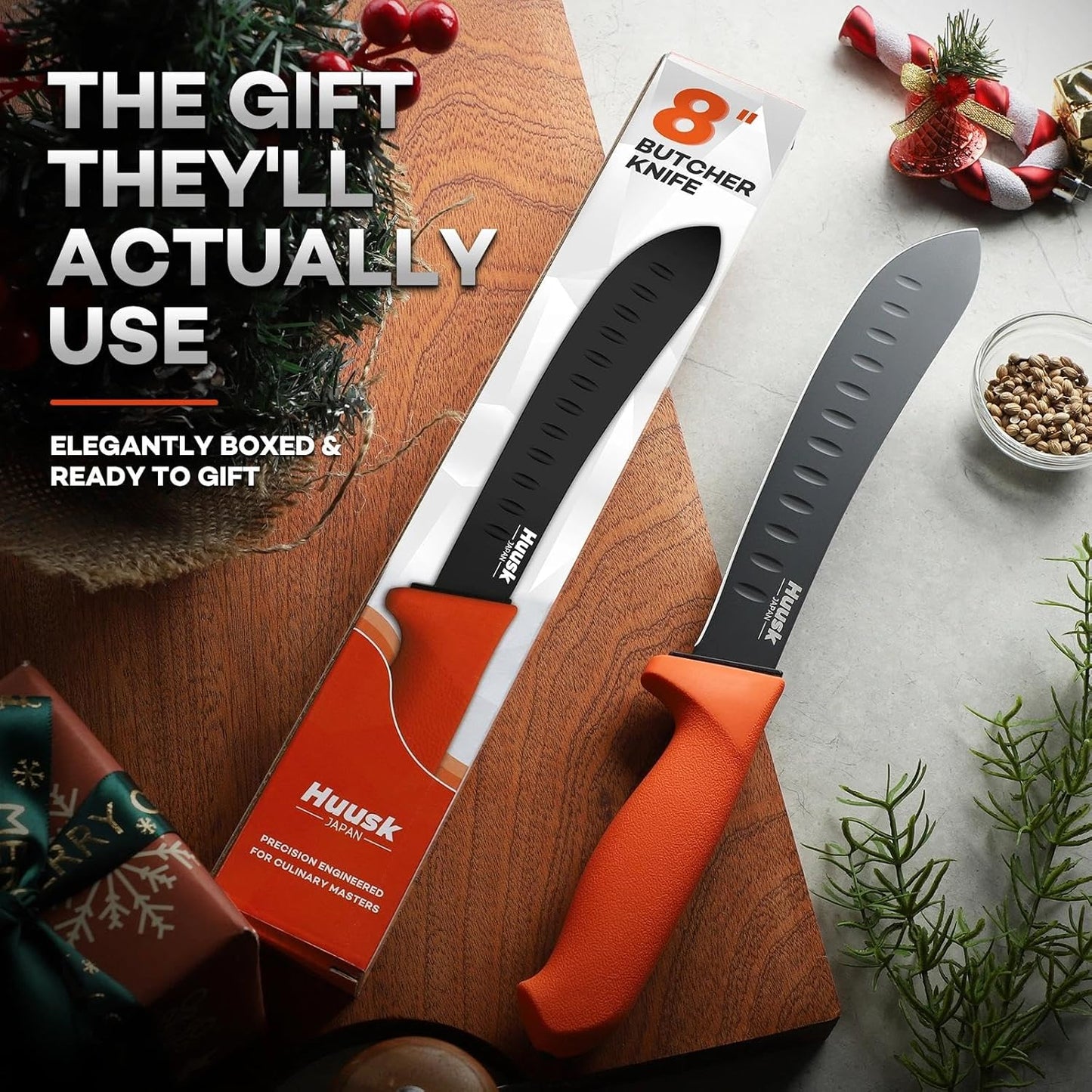 Huusk Butcher Knife Set - Meat Processing Kit with Roll Bag, Gift for Men | German Stainless Steel, High-Visibility & Non-slip, Butcher Skinning Boning Caping, Game Processing for Deer, Duck, Poultry