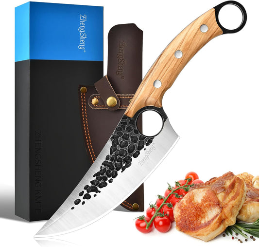 Viking Knife, Hand Forged Carbon Steel Full Tang Blade, Ultra Sharp Ergonomic Olive Wood Handle with Premium Leather Sheath, Multipurpose for Kitchen Prep, Camping and BBQ