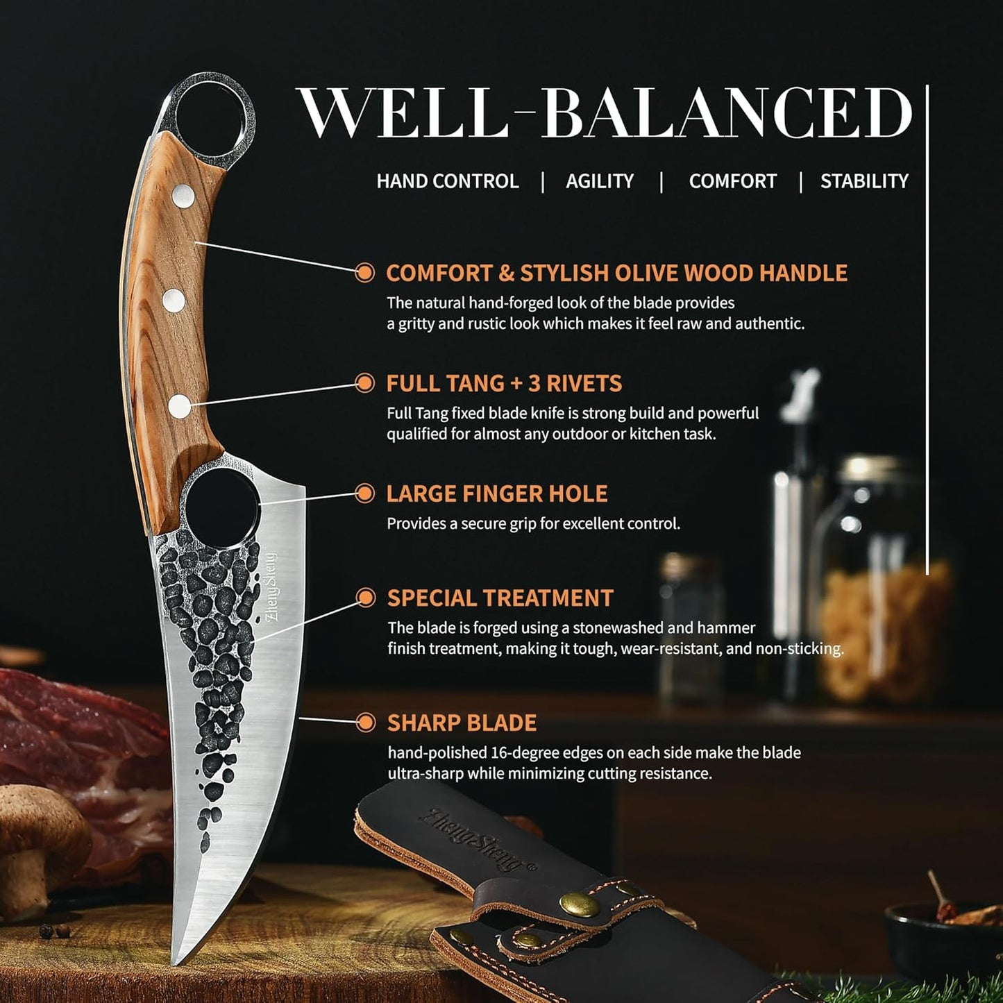Viking Knife, Hand Forged Carbon Steel Full Tang Blade, Ultra Sharp Ergonomic Olive Wood Handle with Premium Leather Sheath, Multipurpose for Kitchen Prep, Camping and BBQ