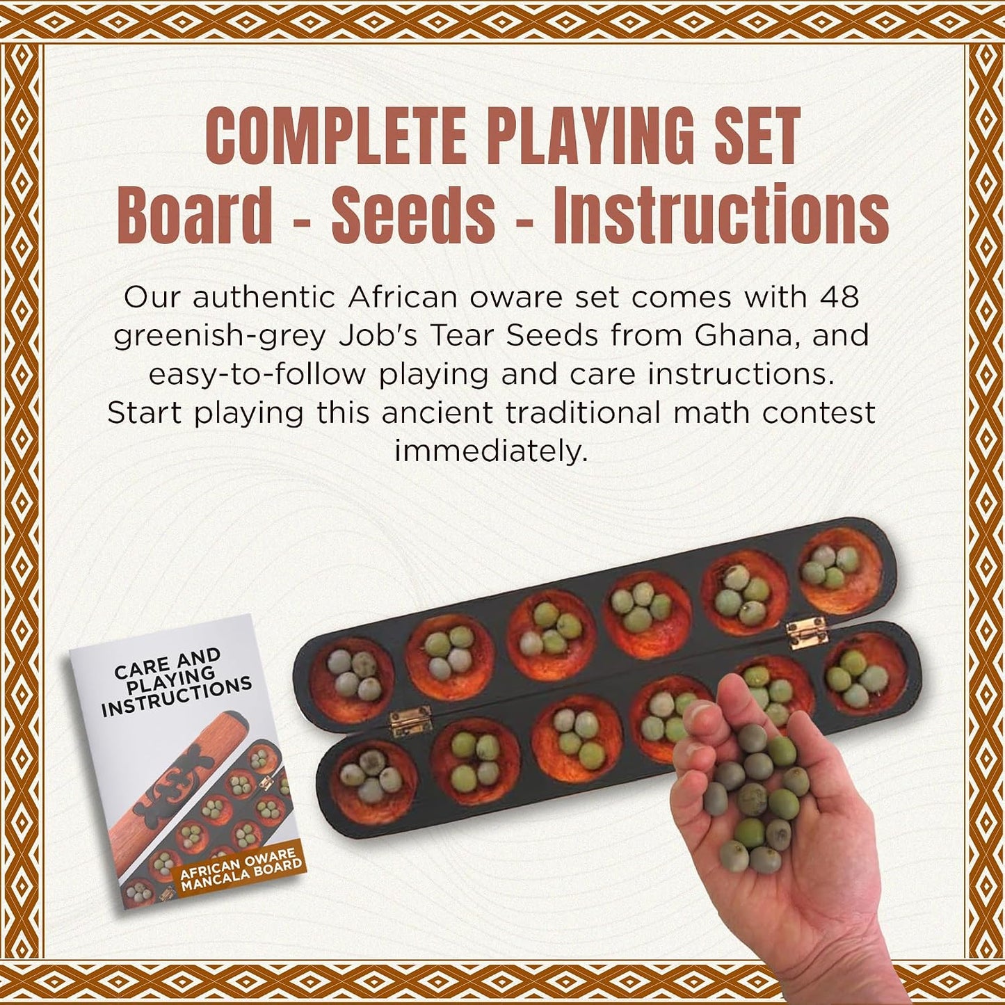 Africa Heartwood Project African Oware Mancala Board - Hand-Carved Solid Wood with Adinkra Symbol, Wooden Folding Mancala Design, 16" Board with 48 Grey, Green Tear Seeds and Playing Instructions