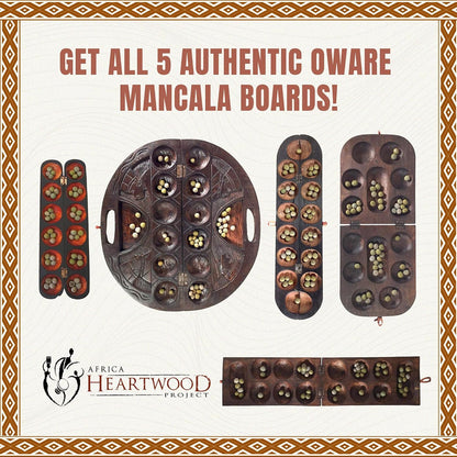 Africa Heartwood Project African Oware Mancala Board - Hand-Carved Solid Wood with Adinkra Symbol, Wooden Folding Mancala Design, 16" Board with 48 Grey, Green Tear Seeds and Playing Instructions