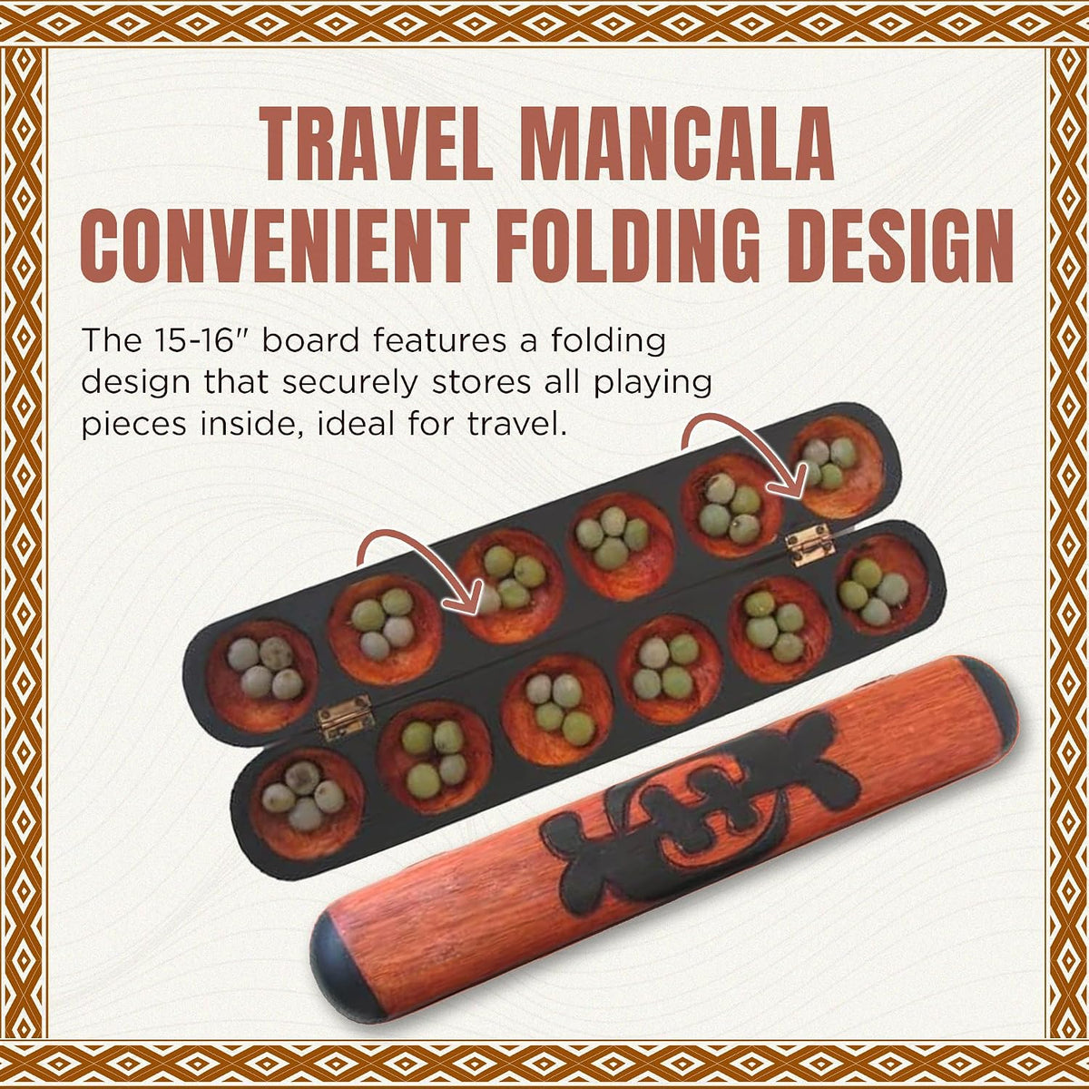 Africa Heartwood Project African Oware Mancala Board - Hand-Carved Solid Wood with Adinkra Symbol, Wooden Folding Mancala Design, 16" Board with 48 Grey, Green Tear Seeds and Playing Instructions