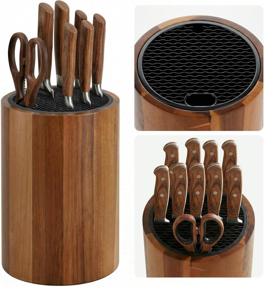 Round Acacia Wood Knife Block Without Knives | Universal acacia wood knife holder accommodates knives, scissors & sharpening rod, space-saving countertop kitchen storage