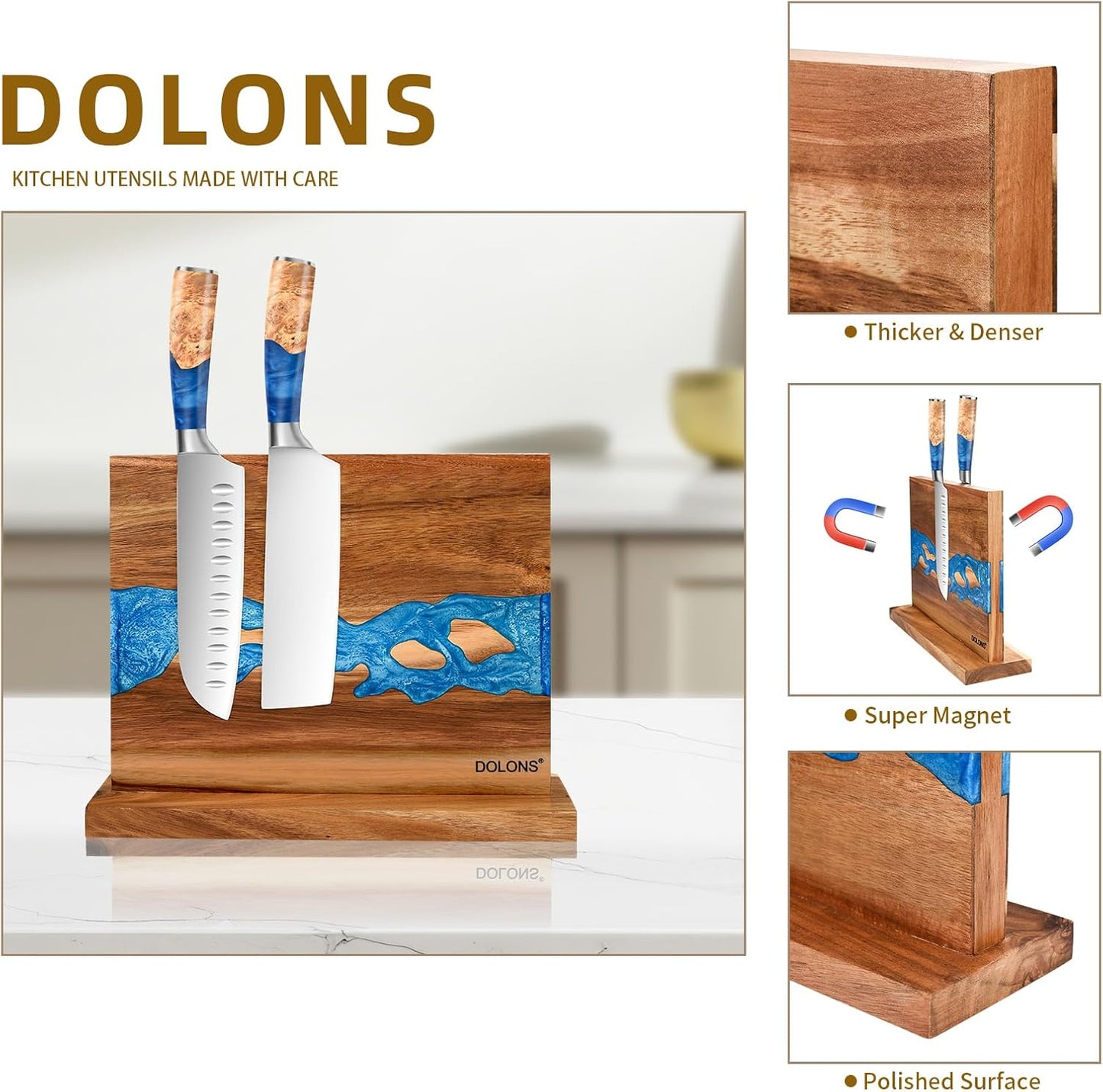 Magnetic Knife Block,Acacia Wood And Resin Kitchen Magnetic Knife Holder，Equipped with strong magnets,Multifunctional Double Side Knife Storage Organizer for Kitchen Counter ，Gifts for new home