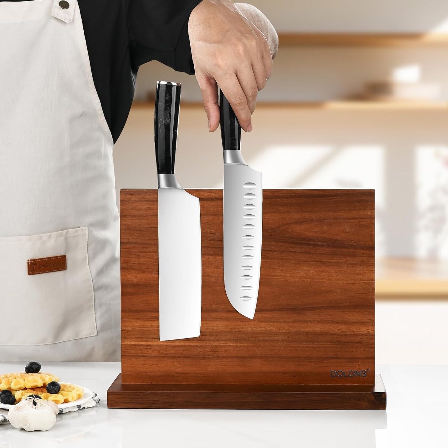 Magnetic Knife Block,Acacia Wood And Resin Kitchen Magnetic Knife Holder，Equipped with strong magnets,Multifunctional Double Side Knife Storage Organizer for Kitchen Counter ，Gifts for new home