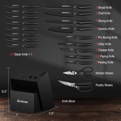 Knife Set, 21 Pieces Knife Sets for Kitchen with Block, Dishwasher Safe Kitchen Knife Set with Built-in Sharpener, German Stainless Steel Black Knife Block Set, Fathers Day Gift for Men