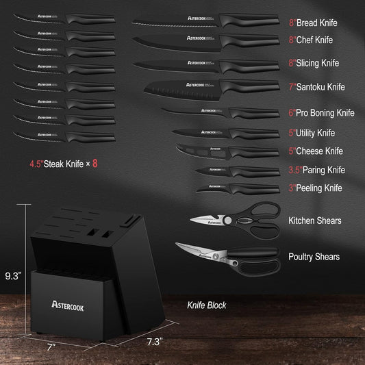 Knife Set, 21 Pieces Knife Sets for Kitchen with Block, Dishwasher Safe Kitchen Knife Set with Built-in Sharpener, German Stainless Steel Black Knife Block Set, Fathers Day Gift for Men