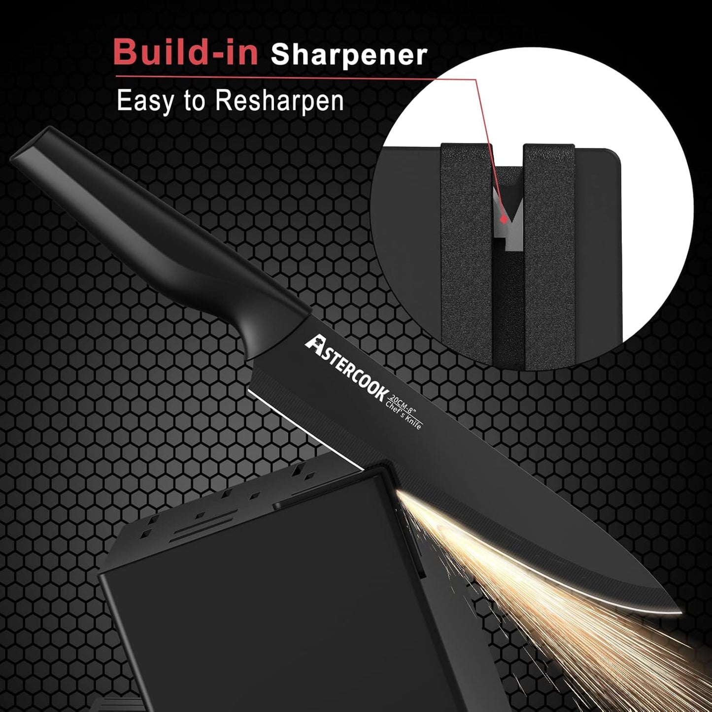 Knife Set, 21 Pieces Knife Sets for Kitchen with Block, Dishwasher Safe Kitchen Knife Set with Built-in Sharpener, German Stainless Steel Black Knife Block Set, Fathers Day Gift for Men