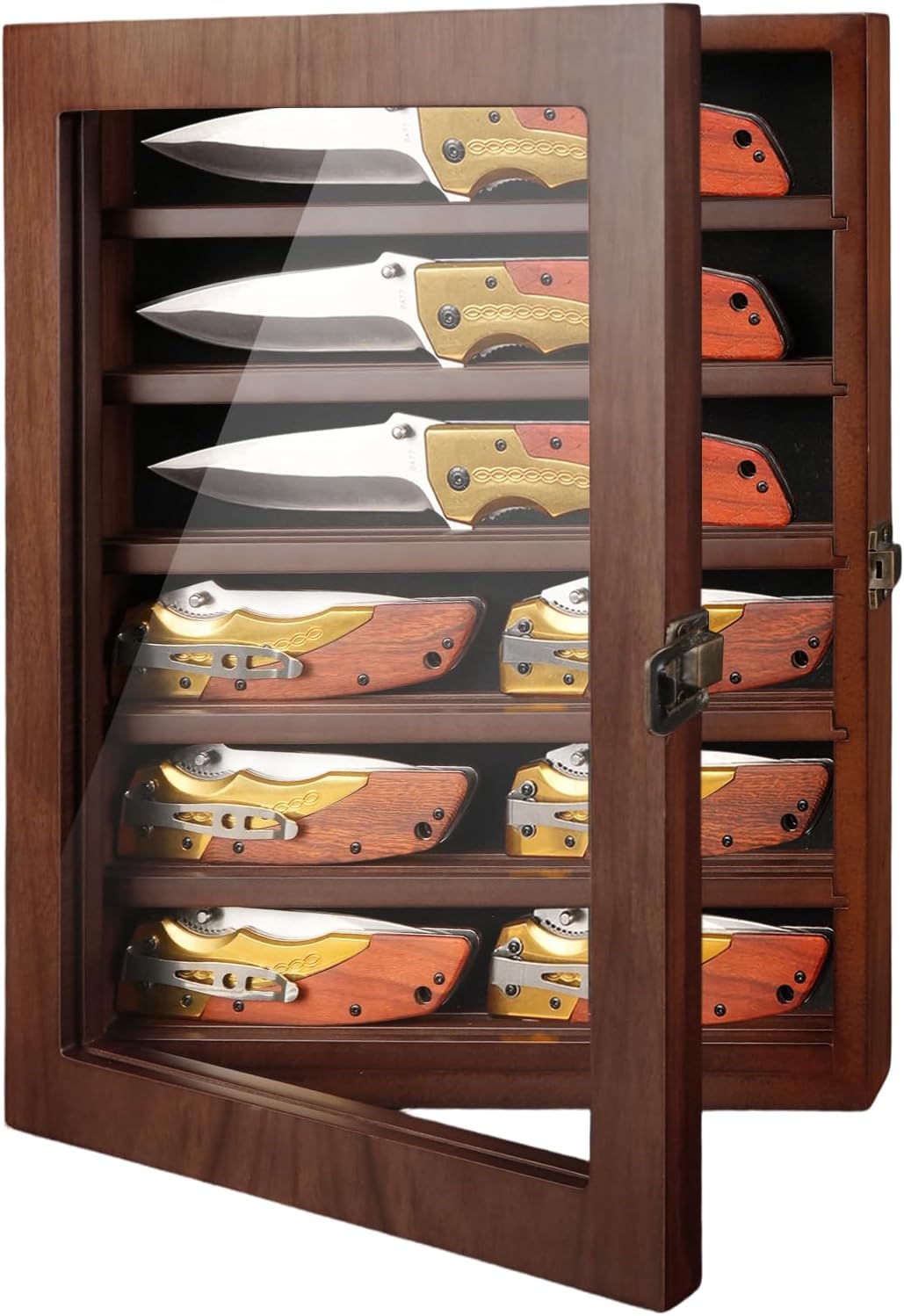 Knife Display Case for Wall, Pocket Knife Display Box with HD Tempered Glass, 6 Rows Military Folding Knives Shadow Box with Removable Shelves - 10.9"W x 13.8"H x 2.1"D, Walnut