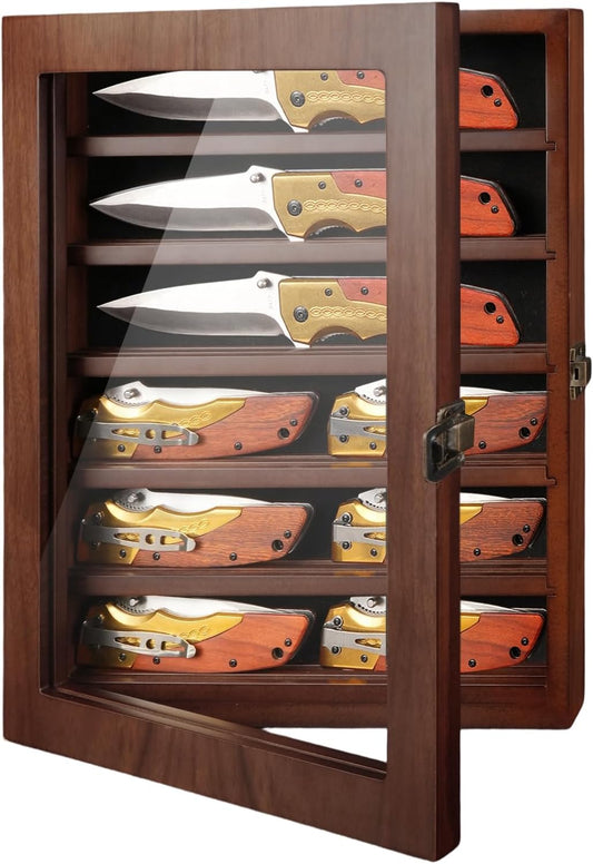 Knife Display Case for Wall, Pocket Knife Display Box with HD Tempered Glass, 6 Rows Military Folding Knives Shadow Box with Removable Shelves - 10.9"W x 13.8"H x 2.1"D, Walnut