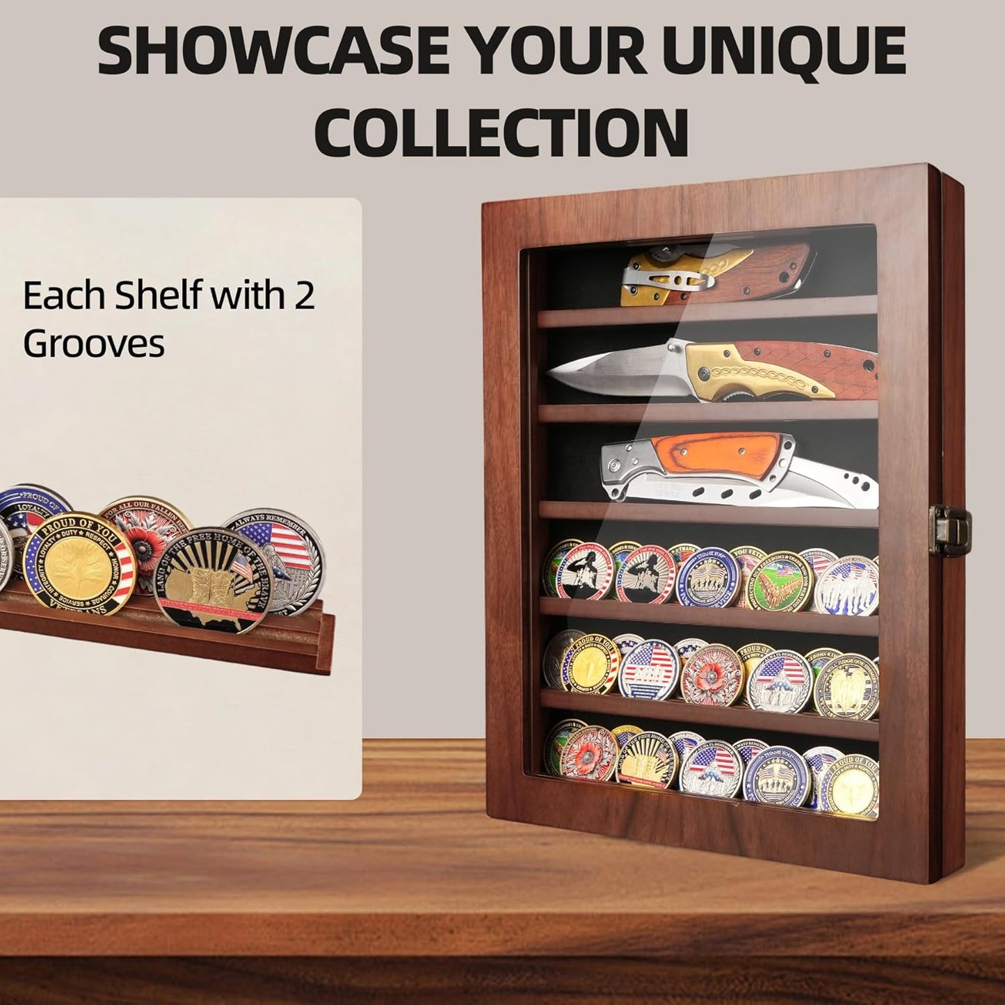 Knife Display Case for Wall, Pocket Knife Display Box with HD Tempered Glass, 6 Rows Military Folding Knives Shadow Box with Removable Shelves - 10.9"W x 13.8"H x 2.1"D, Walnut