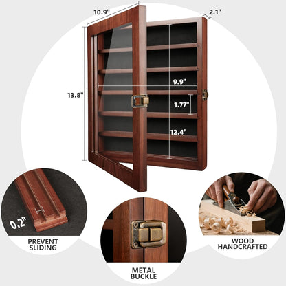 Knife Display Case for Wall, Pocket Knife Display Box with HD Tempered Glass, 6 Rows Military Folding Knives Shadow Box with Removable Shelves - 10.9"W x 13.8"H x 2.1"D, Walnut
