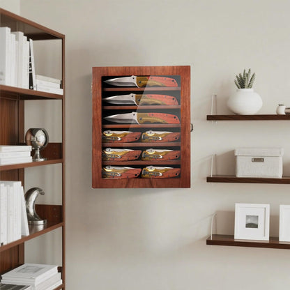 Knife Display Case for Wall, Pocket Knife Display Box with HD Tempered Glass, 6 Rows Military Folding Knives Shadow Box with Removable Shelves - 10.9"W x 13.8"H x 2.1"D, Walnut