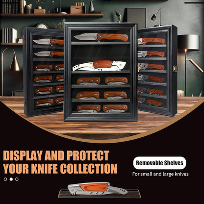 Knife Display Case for Wall, Pocket Knife Display Box with HD Tempered Glass, 6 Rows Military Folding Knives Shadow Box with Removable Shelves - 10.9"W x 13.8"H x 2.1"D, Walnut