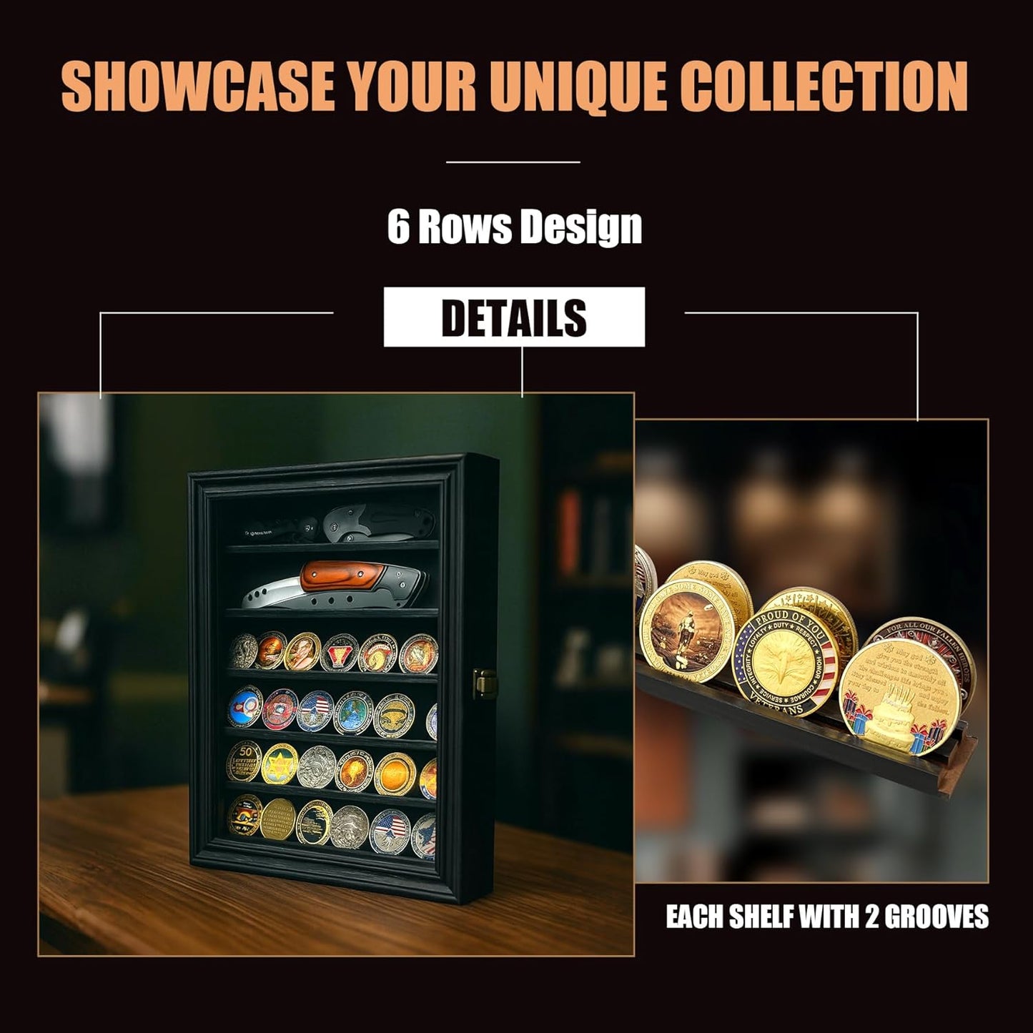 Knife Display Case for Wall, Pocket Knife Display Box with HD Tempered Glass, 6 Rows Military Folding Knives Shadow Box with Removable Shelves - 10.9"W x 13.8"H x 2.1"D, Walnut