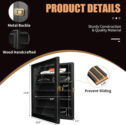 Knife Display Case for Wall, Pocket Knife Display Box with HD Tempered Glass, 6 Rows Military Folding Knives Shadow Box with Removable Shelves - 10.9"W x 13.8"H x 2.1"D, Walnut