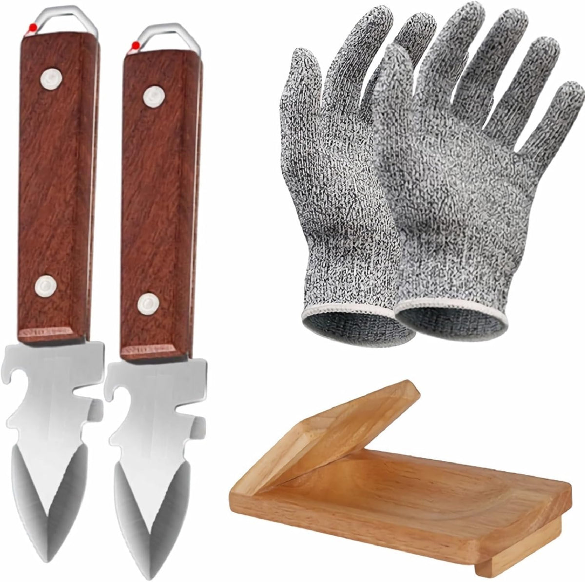Oyster Shucking Knife with Bottle Opener and Gloves Set of 2 Pack Stainless Steel Wooden Handle with Oyster Clamp