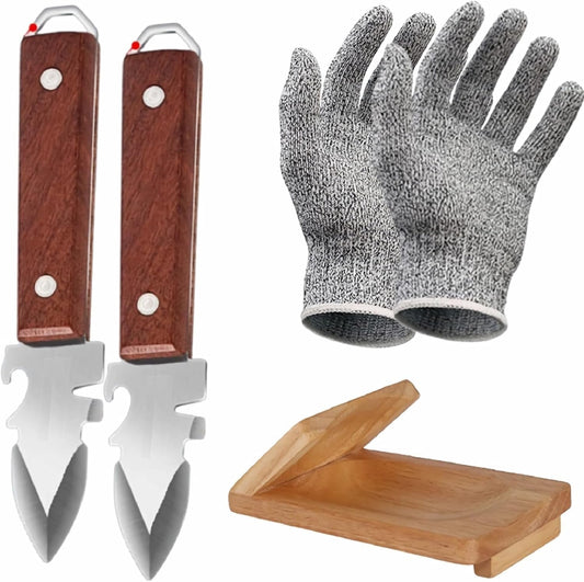 Oyster Shucking Knife with Bottle Opener and Gloves Set of 2 Pack Stainless Steel Wooden Handle with Oyster Clamp
