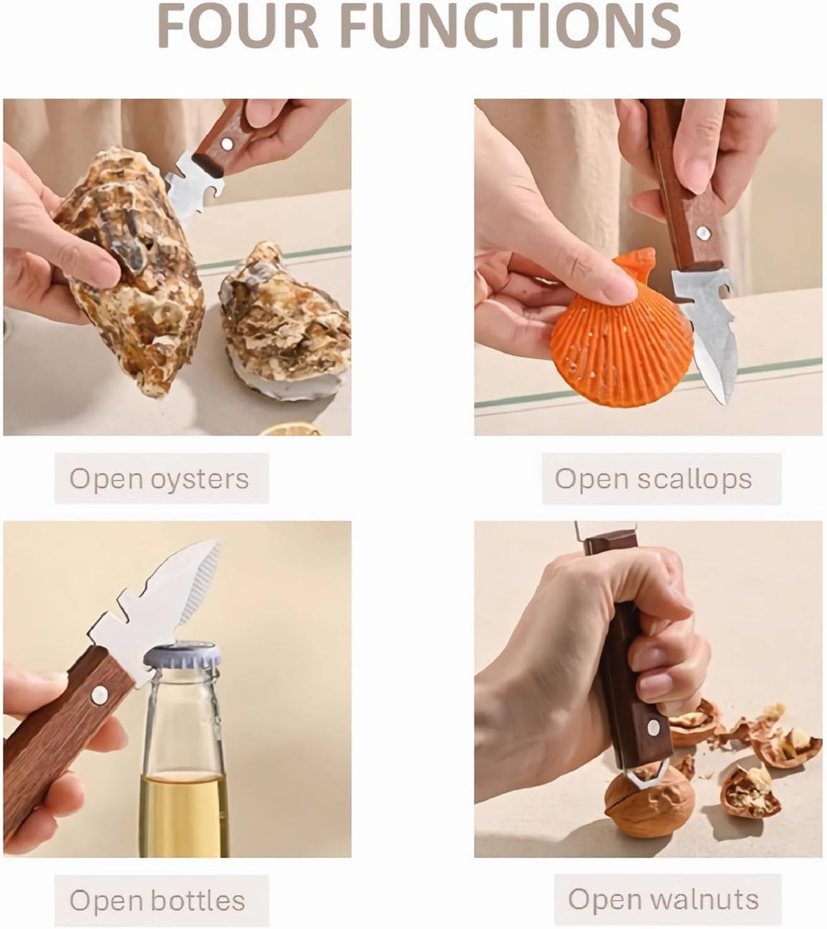 Oyster Shucking Knife with Bottle Opener and Gloves Set of 2 Pack Stainless Steel Wooden Handle with Oyster Clamp
