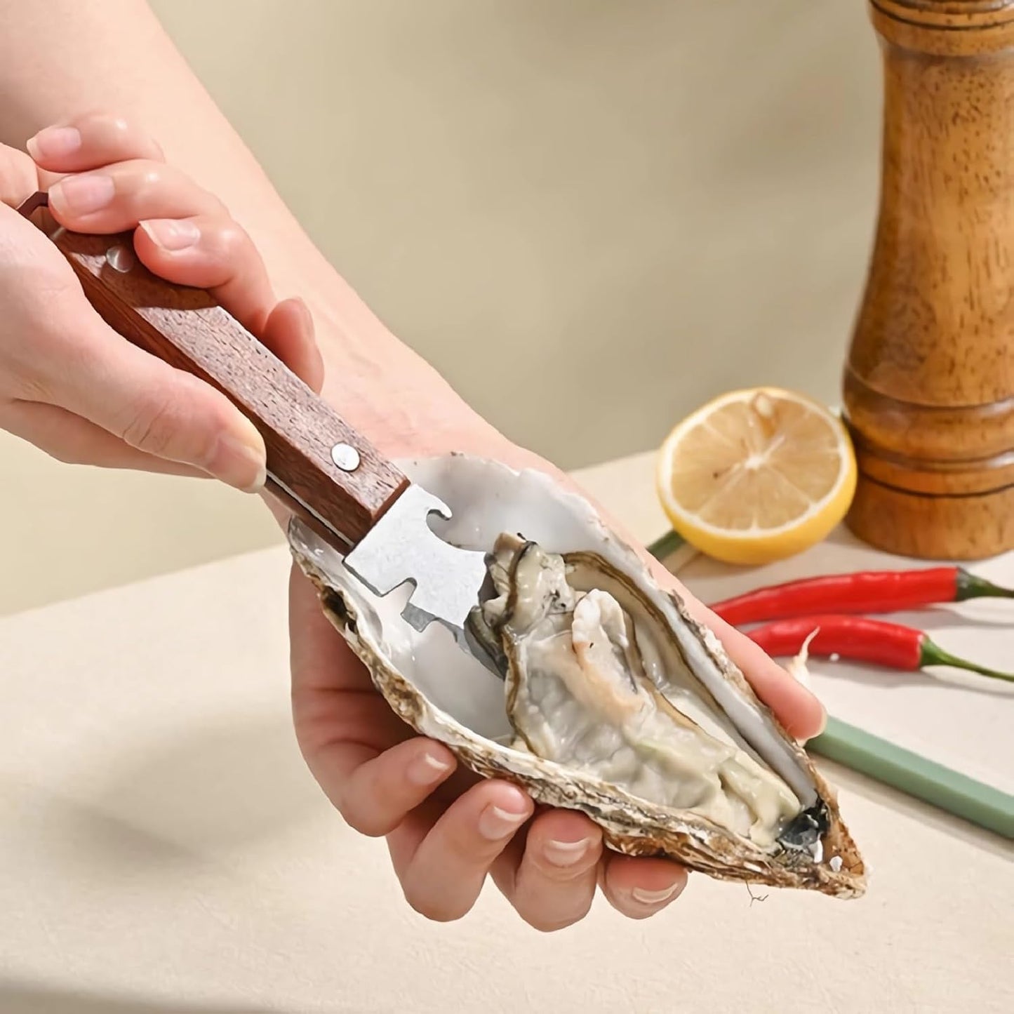 Oyster Shucking Knife with Bottle Opener and Gloves Set of 2 Pack Stainless Steel Wooden Handle with Oyster Clamp