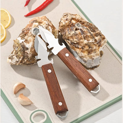 Oyster Shucking Knife with Bottle Opener and Gloves Set of 2 Pack Stainless Steel Wooden Handle with Oyster Clamp