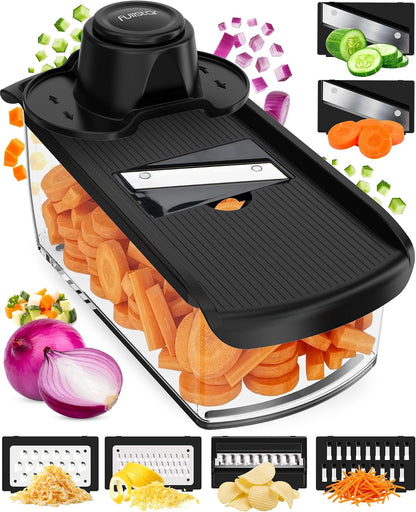 Pro Mandoline Vegetable Slicer, Grater & Spiralizer with Container | 6 in 1 Fruit Cutter, Cheese Grater & Spiralizer with Safety Gloves, Stainless Steel Blades & Container (White)