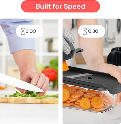 Pro Mandoline Vegetable Slicer, Grater & Spiralizer with Container | 6 in 1 Fruit Cutter, Cheese Grater & Spiralizer with Safety Gloves, Stainless Steel Blades & Container (White)