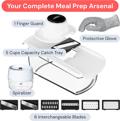 Pro Mandoline Vegetable Slicer, Grater & Spiralizer with Container | 6 in 1 Fruit Cutter, Cheese Grater & Spiralizer with Safety Gloves, Stainless Steel Blades & Container (White)