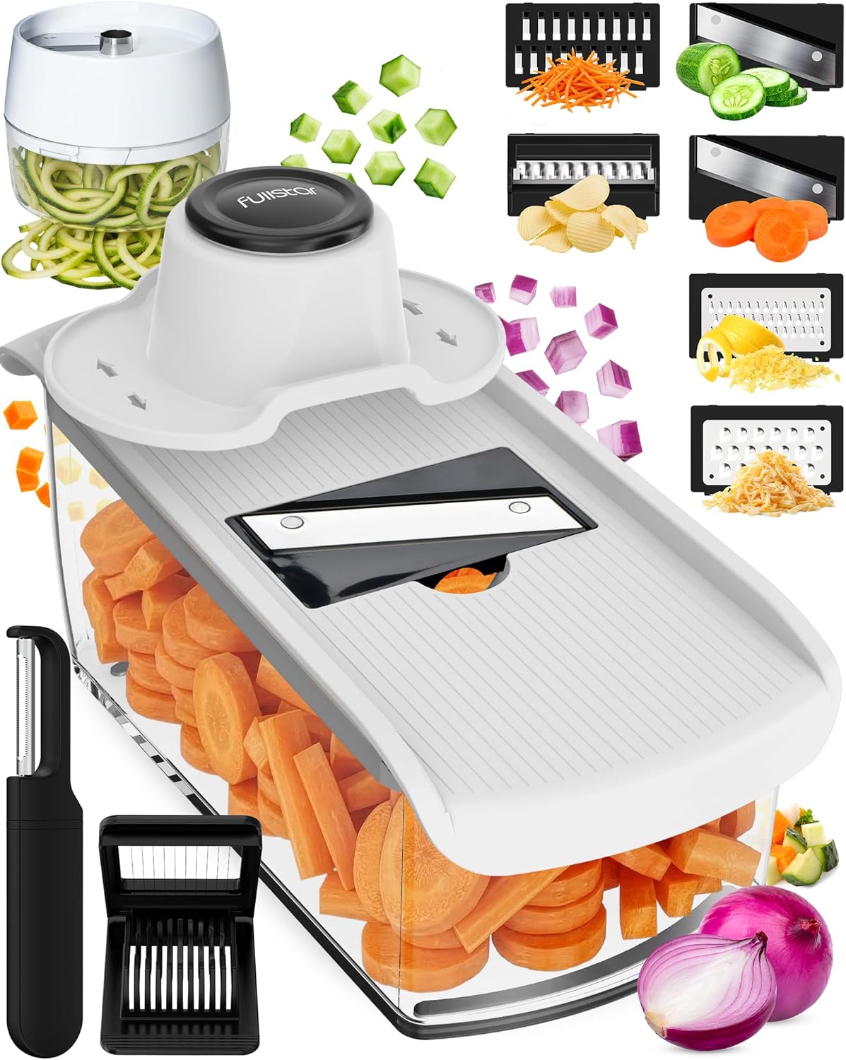 Pro Mandoline Vegetable Slicer, Grater & Spiralizer with Container | 6 in 1 Fruit Cutter, Cheese Grater & Spiralizer with Safety Gloves, Stainless Steel Blades & Container (White)