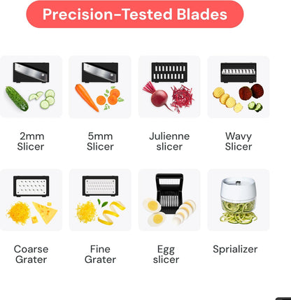 Pro Mandoline Vegetable Slicer, Grater & Spiralizer with Container | 6 in 1 Fruit Cutter, Cheese Grater & Spiralizer with Safety Gloves, Stainless Steel Blades & Container (White)