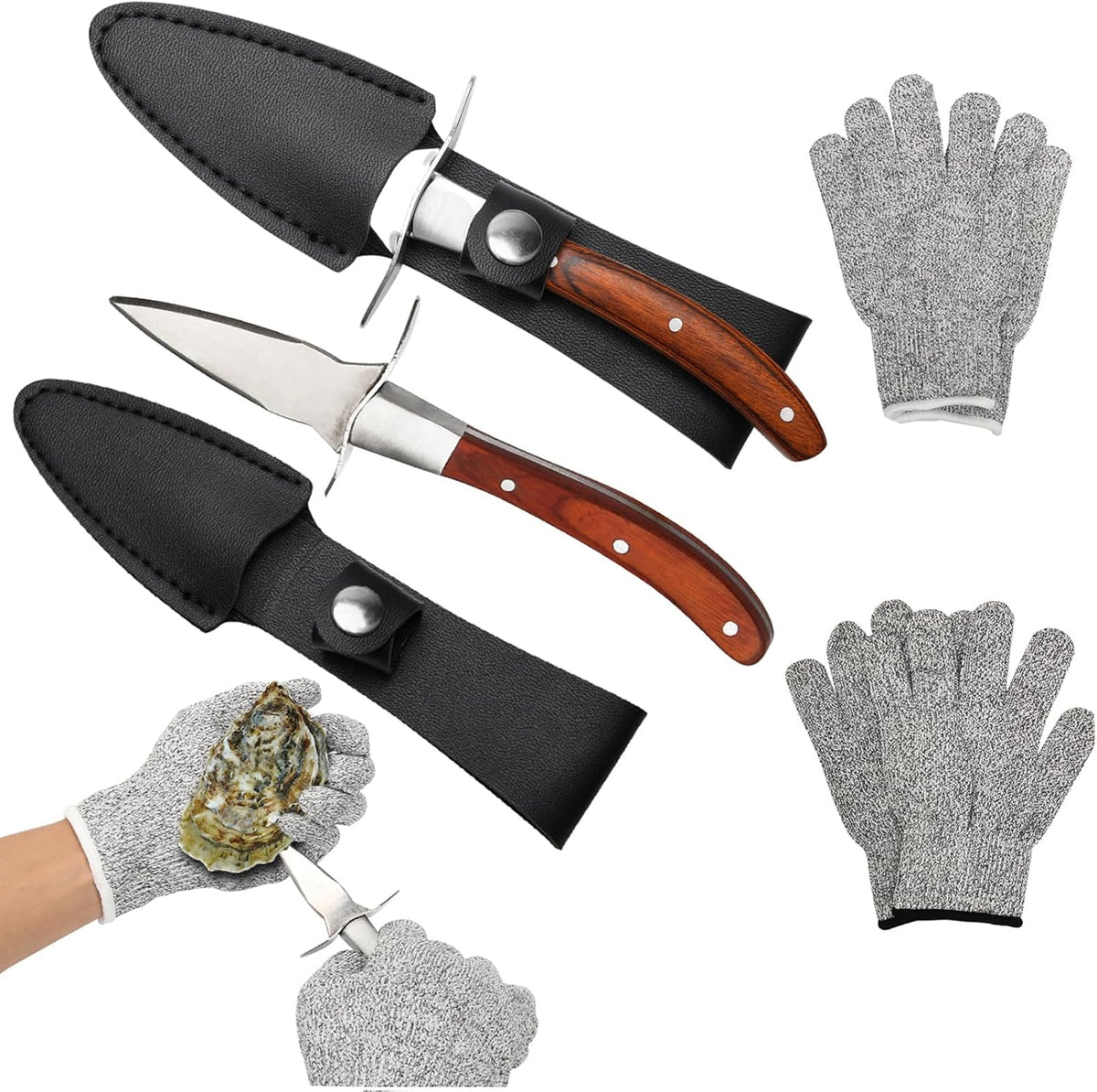 Oyster Shucking Knife with 4 Gloves, Stainless Steel Shucker Oyster Knife Set for Ark Shell, Clams