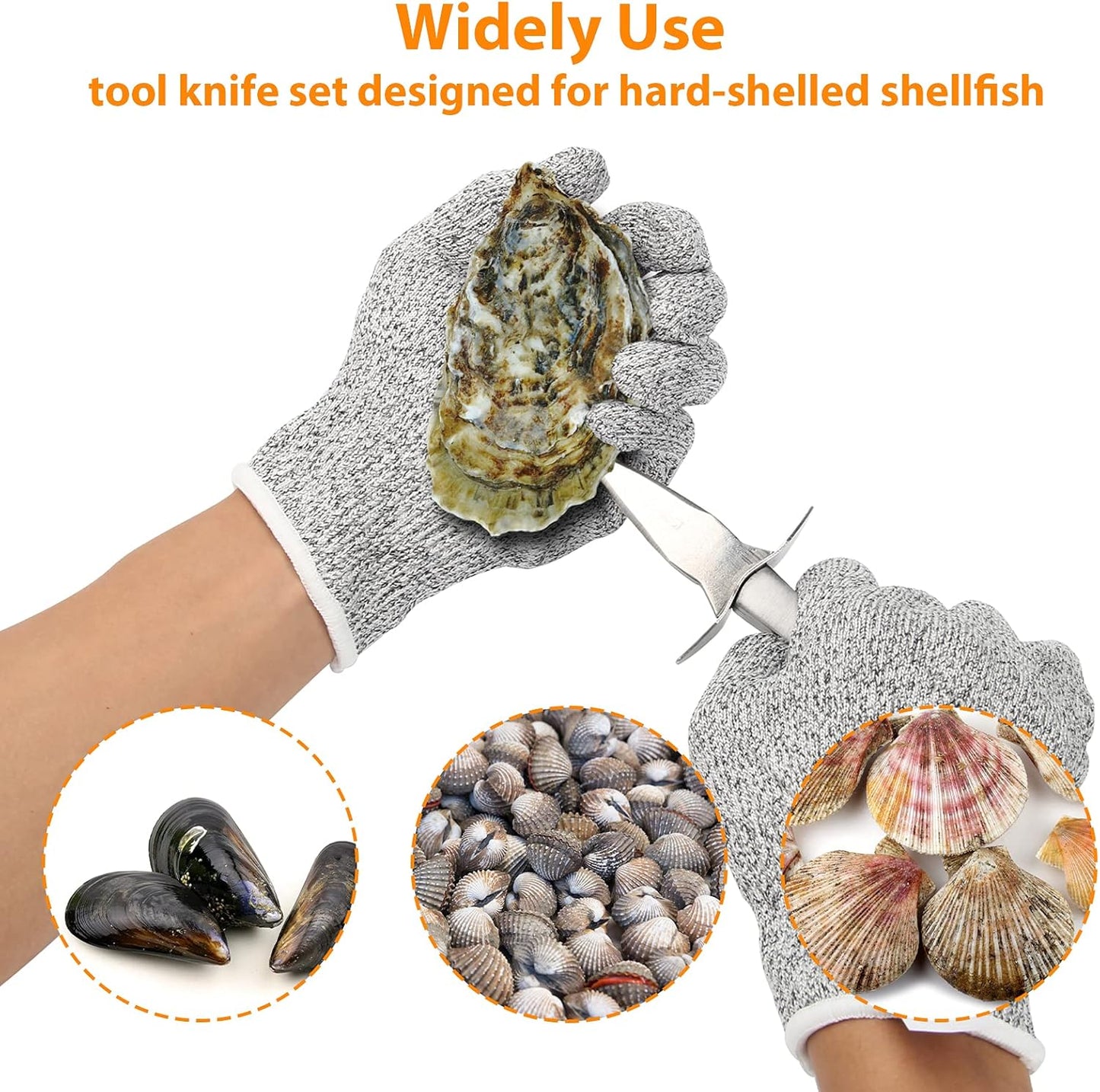 Oyster Shucking Knife with 4 Gloves, Stainless Steel Shucker Oyster Knife Set for Ark Shell, Clams