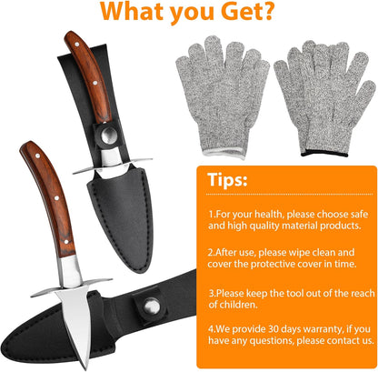 Oyster Shucking Knife with 4 Gloves, Stainless Steel Shucker Oyster Knife Set for Ark Shell, Clams