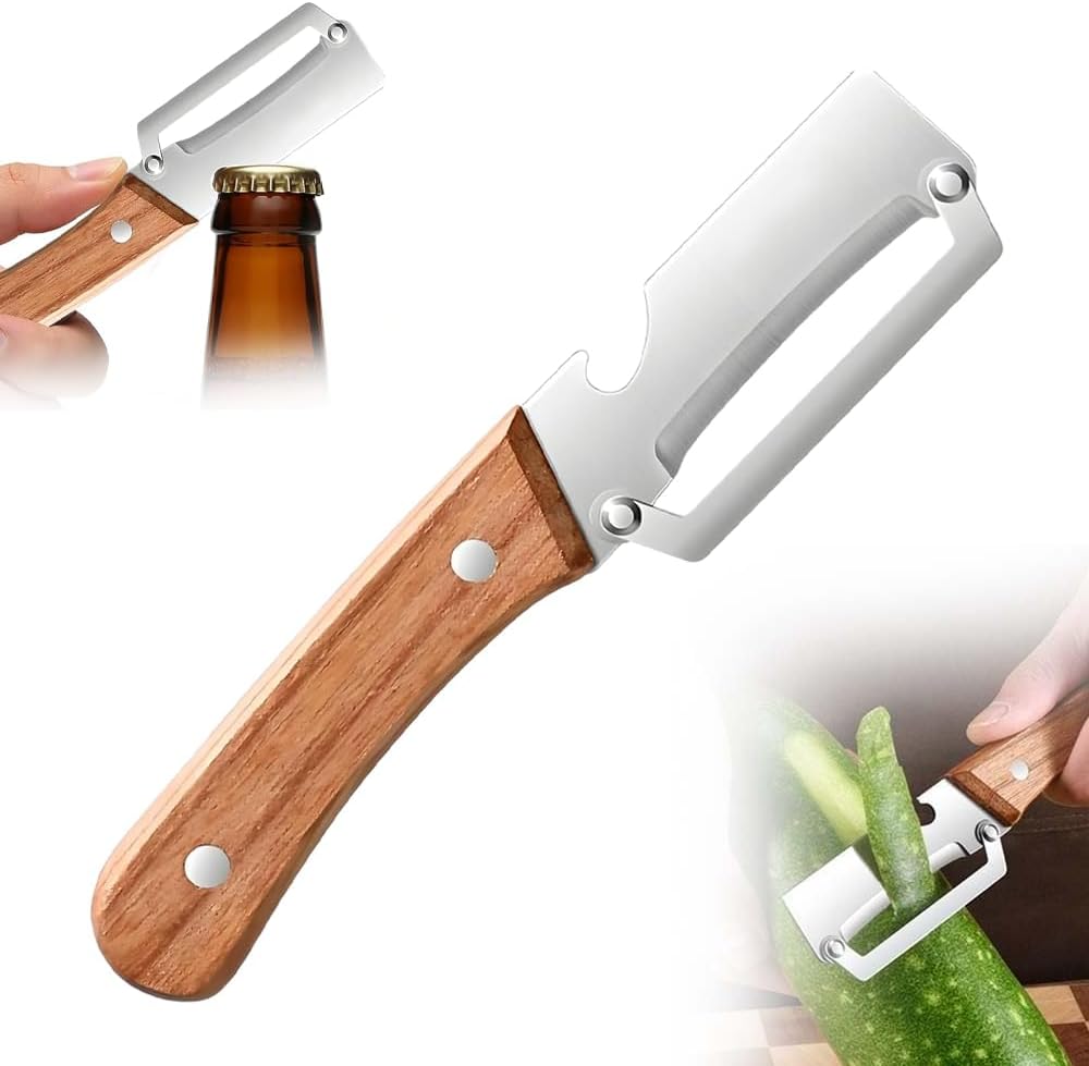 Premium Vegetable Peeler with Wooden Handle and Bottle Opener: 2-in-1 Stainless Steel Kitchen Tool for Fruit Apple Potato Pumpkin Papaya (1 PCS)