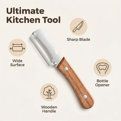 Premium Vegetable Peeler with Wooden Handle and Bottle Opener: 2-in-1 Stainless Steel Kitchen Tool for Fruit Apple Potato Pumpkin Papaya (1 PCS)