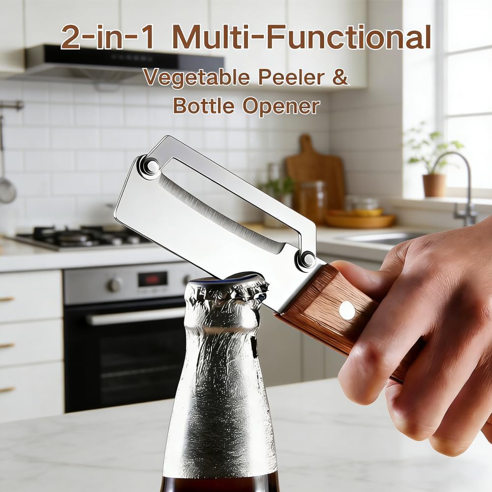 Premium Vegetable Peeler with Wooden Handle and Bottle Opener: 2-in-1 Stainless Steel Kitchen Tool for Fruit Apple Potato Pumpkin Papaya (1 PCS)